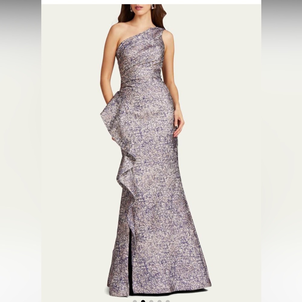 RICKIE FREEMAN FOR TERI JON
One-Shoulder Jacquard Side-Ruffle Gown